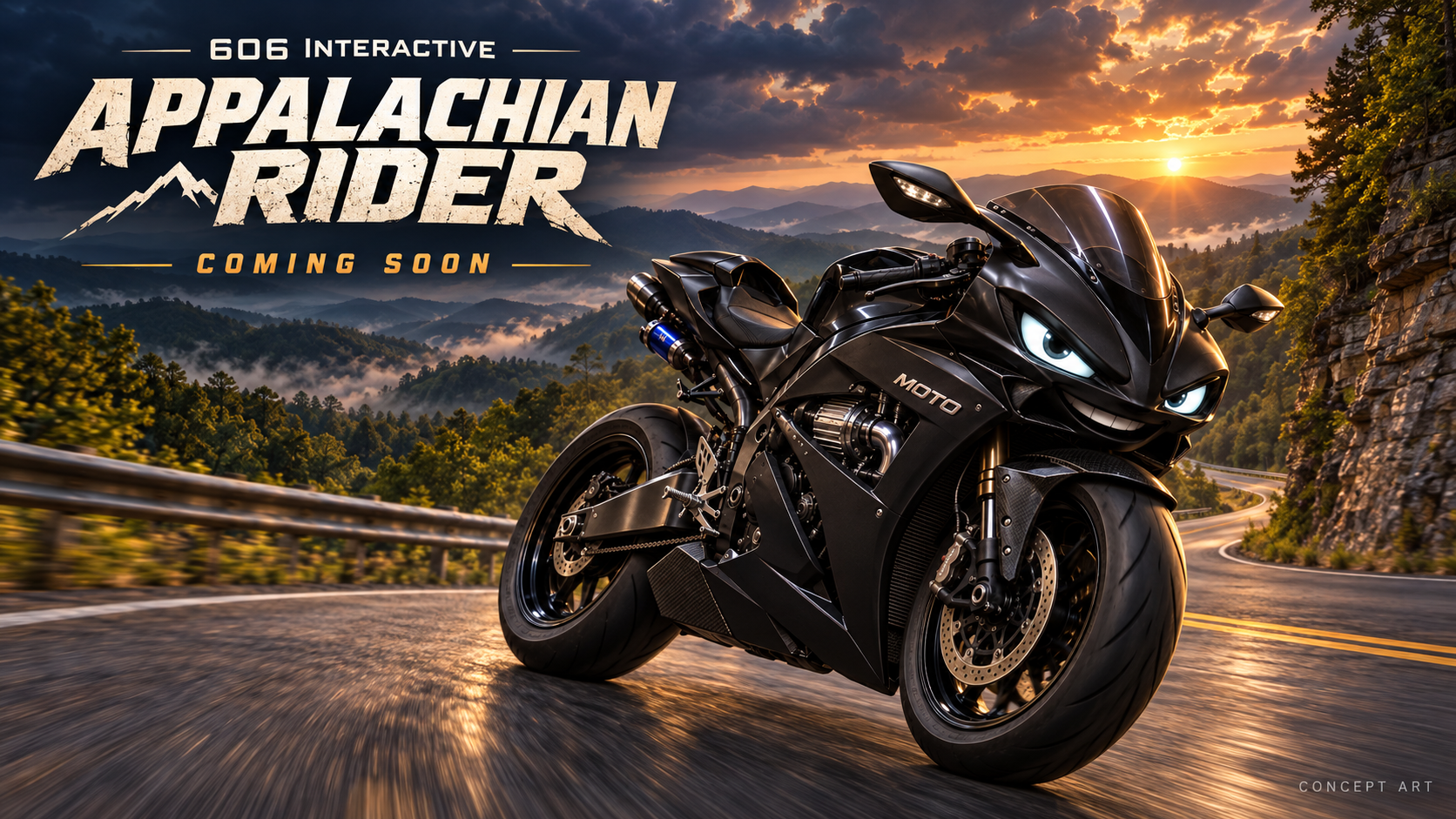 Appalachian Rider concept art showing a black sport motorcycle on a mountain road at sunset