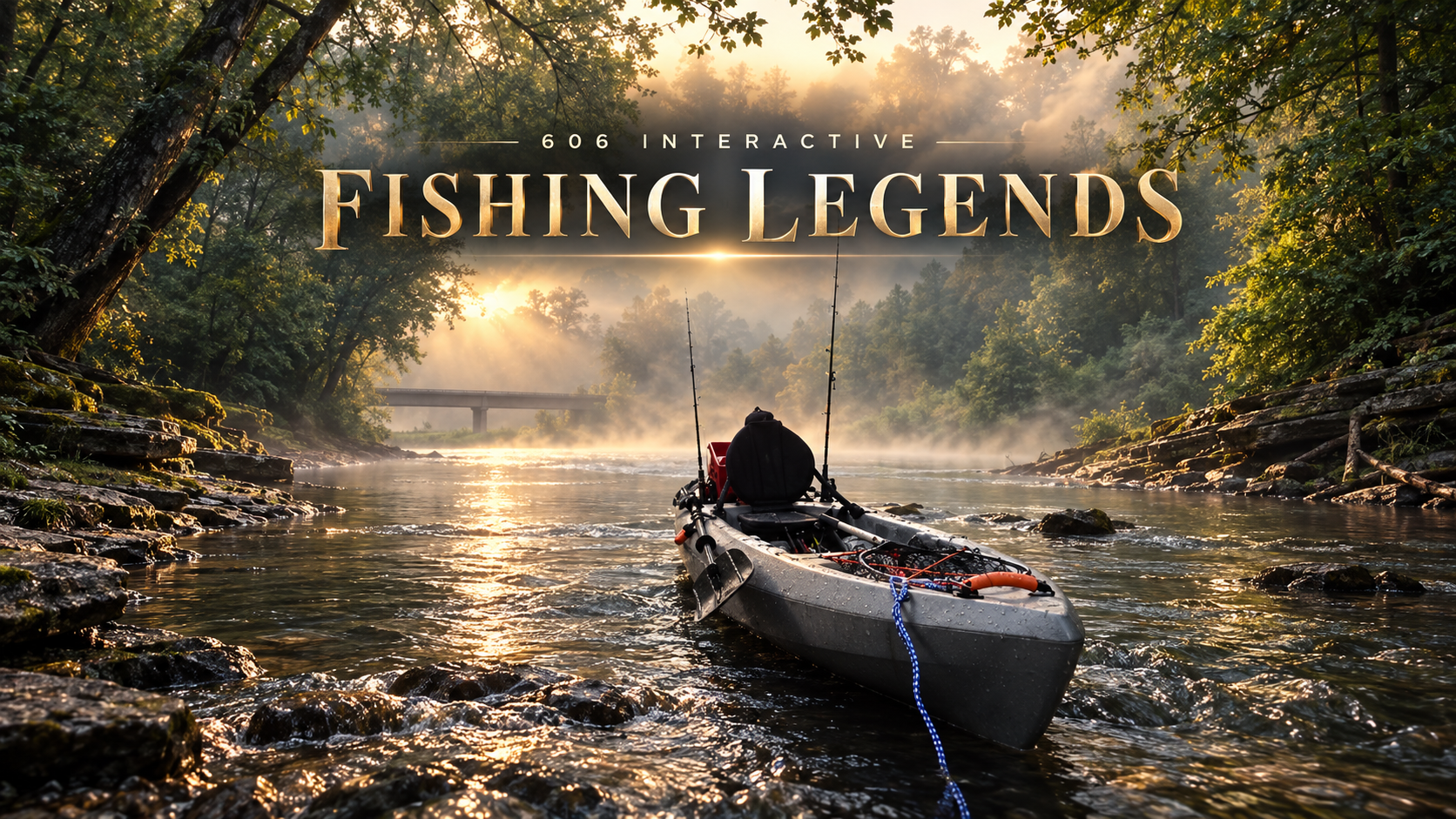 A fishing kayak on a sunlit Appalachian river beneath the Fishing Legends title