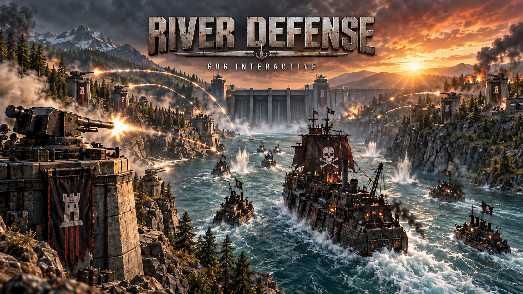 River Defense concept art showing a river fortress under attack
