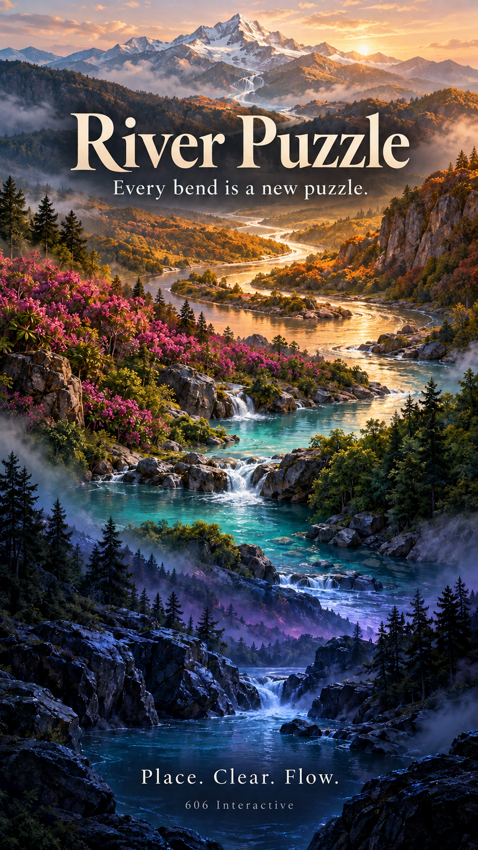 River Puzzle concept art showing a winding river through a vast mountain landscape